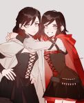  2girls belt black_hair bullet cape corset highres hug mother_and_daughter multicolored_hair multiple_girls red_cape red_hair ruby_rose rwby summer_rose yuji_(fantasia) 