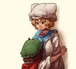  2girls blonde_hair breasts brown_hair chanta_(ayatakaoisii) chen eyebrows_visible_through_hair frilled_hat frills green_headwear hat height_difference large_breasts multiple_girls pillow_hat shadow short_hair simple_background touhou upper_body white_background white_headwear yakumo_ran 