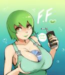  1boy 1girl alice_yagami bangs between_breasts breast_hold breasts brown_eyes bubble can cleavage drinking_straw foo_fighters gradient gradient_background green_lips green_overalls holding holding_can jojo_no_kimyou_na_bouken large_breasts looking_at_viewer monster_energy sheldon_j._plankton smile solo_focus speech_bubble spongebob_squarepants stone_ocean upper_body 