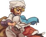  2girls bangs blonde_hair breasts brown_eyes cat_tail chanta_(ayatakaoisii) chen hat large_breasts long_sleeves multiple_girls multiple_tails open_mouth pillow_hat short_hair simple_background tail touhou white_background white_headwear yakumo_ran 