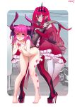  2girls absurdres asymmetrical_horns bare_legs barefoot blue_eyes detached_sleeves dragon_girl dragon_tail dress dress_flower earrings elizabeth_bathory_(fate) elizabeth_bathory_(fate)_(all) fate/extra fate/extra_ccc fate/grand_order fate_(series) feet grey_eyes highres horns jewelry long_hair looking_at_viewer multiple_girls ninai nipples pink_hair pointy_ears red_dress red_nails tail toenail_polish tristan_(fairy_knight)_(fate) 