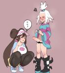  2girls absurdres black_legwear boots brown_hair chin_stroking clothes_lift commentary_request double_bun dress dress_lift futanari hair_bobbles hair_ornament highres lifted_by_self long_hair looking_at_penis multiple_girls pantyhose penis pokemon pokemon_(game) pokemon_bw2 rosa_(pokemon) roxie_(pokemon) shoes simple_background sneakers squatting striped striped_dress topknot twintails umonebi very_long_hair visor_cap white_hair 