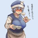  1girl blue_background blue_eyes blue_headwear breasts bright_pupils chanta_(ayatakaoisii) character_request eating eyebrows_visible_through_hair grey_hair holding large_breasts short_hair simple_background solo sweat touhou upper_body white_pupils 