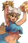  1girl alternate_costume armpits arms_up bangs blonde_hair blue_skirt blue_tank_top breasts brown_eyes chanta_(ayatakaoisii) cheering cheerleader crop_top crop_top_overhang eyebrows_visible_through_hair fox_tail frilled_hat frills hat holding holding_pom_poms large_breasts midriff multiple_tails navel open_mouth pillow_hat pom_pom_(cheerleading) short_hair simple_background skirt smile solo tail tank_top touhou underboob upper_body white_background white_headwear yakumo_ran 