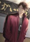  1boy black_hair haikyuu!! hands_in_pockets hemoon indoors jacket long_sleeves looking_at_viewer male_focus open_clothes open_jacket open_mouth short_hair smile solo sportswear standing suna_rintarou track_jacket volleyball_uniform 