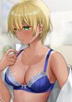  1girl absurdres bangs blonde_hair blue_bra bra breasts cleavage closed_mouth collarbone commentary_request earrings eyebrows_visible_through_hair green_eyes highres hikaru_(gevp7588) jewelry lace-trimmed_bra lace_trim looking_away looking_down medium_breasts off_shoulder one-piece_tan one_eye_closed open_clothes open_shirt shirt short_hair single_bare_shoulder solo stud_earrings sweat tan tanlines underwear undressing white_shirt 