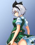  1girl black_bow black_hairband black_ribbon blue_eyes bob_cut bow bowtie breasts collared_shirt erechan green_skirt green_vest hair_ribbon hairband katana konpaku_youmu ribbon shirt short_hair short_sleeves silver_hair skirt skirt_set small_breasts solo sword touhou vest weapon white_shirt 