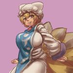  1girl blonde_hair breasts bright_pupils brown_eyes chanta_(ayatakaoisii) cowboy_shot dress eyebrows_visible_through_hair hat large_breasts long_sleeves looking_at_viewer medium_hair parted_lips pillow_hat purple_background simple_background smile solo tabard touhou white_dress white_headwear white_pupils wide_sleeves yakumo_ran 