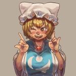  1girl \n/ blonde_hair blush breasts bright_pupils brown_background brown_eyes chanta_(ayatakaoisii) double_\n/ dress hands_up hat large_breasts one_eye_closed open_mouth pillow_hat short_hair simple_background smile solo tabard touhou white_dress white_headwear white_pupils yakumo_ran 