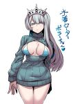  1girl blue_eyes bottomless breasts center_opening closed_mouth highres indie_virtual_youtuber long_hair looking_at_viewer meioo_boraa narrow_waist simple_background solo sweater tiara tukiwani turtleneck turtleneck_sweater virtual_youtuber white_background white_hair 