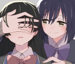  2girls bangs black_hair black_jacket bow bowtie brown_eyes closed_mouth collared_shirt commentary_request covered_eyes grey_background hair_between_eyes hand_on_another&#039;s_face hand_on_another&#039;s_shoulder hand_over_another&#039;s_eyes jacket long_hair looking_at_another multiple_girls nijisanji parted_lips purple_hair purple_neckwear red_neckwear shirt shizuka_rin short_hair smile sou_(tuhut) tsukino_mito upper_body white_shirt yuri 