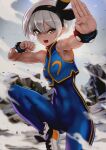  1girl ankle_boots bea_(pokemon) black_hairband blue_bodysuit blue_vest blurry blurry_background bodysuit boots breasts chun-li chun-li_(cosplay) clenched_hand cosplay covered_abs covered_navel dark-skinned_female dark_skin english_commentary fighting_stance fingernails hairband highres magion02 open_mouth pokemon pokemon_(game) pokemon_swsh short_hair silver_eyes silver_hair sleeveless small_breasts smoke solo standing standing_on_one_leg street_fighter street_fighter_zero_(series) striped studded_bracelet sweat vertical_stripes vest white_footwear 