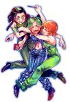  3girls black_footwear black_hair blue_outline braid braided_bun closed_eyes dogeunjojo double_bun ermes_costello foo_fighters food green_eyes green_footwear green_hair green_overalls hairlocs jojo_no_kimyou_na_bouken kujo_jolyne multicolored_hair multiple_girls navel open_mouth orange_hair outline pocky profile simple_background smile stone_ocean two-tone_hair white_background 