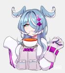  1girl absurdres animal_ears blue_eyes blue_hair bowl breasts clenched_hand cropped_torso dragon_ears elira_pendora english_commentary food gloves grey_gloves hair_over_one_eye highres large_breasts m_r_b multicolored_hair nijisanji nijisanji_en noodles one_eye_covered overalls ramen single_glove sleeves_past_fingers sleeves_past_wrists smile smug solo streaked_hair sweater tawawa_challenge upper_body virtual_youtuber white_hair white_sweater 