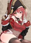  1girl antique_firearm ass bangs bare_shoulders black_legwear blunderbuss breasts cleavage commentary_request covered_navel eyebrows_visible_through_hair firearm gloves gun handgun hat heterochromia highres hololive houshou_marine jewelry karu_(kashimiru8143) large_breasts leaning_to_the_side map map_background midriff miniskirt panties panty_peek pendant pirate pirate_hat pistol red_eyes red_hair red_skirt sitting skirt smile solo thighhighs tongue tongue_out twintails underwear virtual_youtuber weapon white_gloves yellow_eyes zettai_ryouiki 