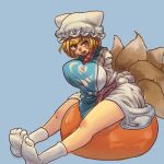 1girl blonde_hair blue_background breasts bright_pupils brown_eyes chanta_(ayatakaoisii) dress eyebrows_visible_through_hair fox_tail full_body hat large_breasts long_sleeves multiple_tails open_mouth pillow_hat short_hair simple_background sitting socks solo tabard tail touhou white_dress white_headwear white_legwear white_pupils yakumo_ran 