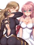  2girls ass black_bodysuit black_gloves blue_eyes blush bodysuit bow breasts brown_eyes brown_hair cleavage dress earrings folks_(nabokof) gloves jewelry kisara_(tales) long_hair looking_at_viewer looking_back multiple_girls parted_lips pink_hair ponytail red_bow shionne_(tales) simple_background tales_of_(series) tales_of_arise white_background white_dress 