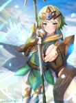  1girl armor bangs blonde_hair blue_skirt blush brown_gloves clear_glass_(mildmild1311) closed_mouth cloud commentary_request day dress eyebrows_visible_through_hair feather_trim fire_emblem fire_emblem_heroes fjorm_(fire_emblem) gauntlets gloves gradient_hair green_dress green_eyes green_hair hair_ornament highres holding holding_hands holding_polearm holding_spear holding_weapon jewelry kiran_(fire_emblem) looking_at_viewer multicolored_hair outdoors polearm pov ring short_hair shoulder_armor skirt sky smile spear thighhighs tiara twitter_username two-tone_hair weapon wedding_ring white_sleeves wide_sleeves 