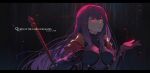  1girl bangs bodysuit breasts dark_background elbow_gloves eyebrows_behind_hair eyebrows_visible_through_hair fate/grand_order fate_(series) gloves hair_between_eyes highres holding holding_lance holding_polearm holding_weapon lance large_breasts long_hair looking_to_the_side open_mouth petals polearm purple_hair red_eyes scathach_(fate) scathach_(fate)_(all) solo tsukino_(nakajimaseiki) underwear upper_body weapon 
