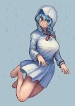  1girl absurdres bare_legs barefoot blue_eyes blue_hair blush chanta_(ayatakaoisii) character_request copyright_request dress full_body grey_background highres hood hood_up long_hair long_sleeves looking_at_viewer solo white_dress 
