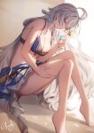  1girl ahoge bangs bare_legs bare_shoulders barefoot bikini bikini_top blue_bikini braid breasts brown_eyes cleavage collarbone cup dagger dutch_angle flower genyaky granblue_fantasy hair_between_eyes hand_on_own_thigh hand_up highres holding holding_cup knees_up knife large_breasts long_hair looking_at_viewer parted_lips print_sarong sarong sheath sheathed signature silva_(granblue_fantasy) simple_background sitting solo stomach swimsuit twin_braids underwear very_long_hair weapon 