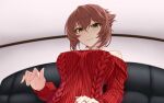  1girl alternate_costume brown_hair commentary_request couch fisheye green_eyes highres jewelry kantai_collection mutsu_(kancolle) off-shoulder_sweater off_shoulder red_sweater ring short_hair smile solo sweater upper_body utsumi_karmin wedding_band 