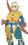  1girl aqua_eyes blonde_hair bow_(weapon) breasts cleavage elf-san_wa_yaserarenai. erufuda-san large_breasts long_hair looking_at_viewer ludroth_(armor) monster_hunter_(series) monster_hunter_rise plump pointy_ears ponytail simple_background solo standing synecdoche thick_thighs thighs weapon white_background wide_hips zinogre_(armor) 