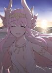  1girl :d armlet blue_sky blush breasts breasts_apart circe_(fate) circlet dress eyebrows_visible_through_hair facing_viewer fate/grand_order fate_(series) gradient_sky head_wings horizon jewelry long_hair namonashi necklace open_mouth outdoors pink_hair pointy_ears sky small_breasts smile solo sunset upper_body white_dress 