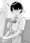  1girl absurdres breasts cellphone earphones greyscale highres large_breasts listening_to_music monochrome musical_note original phone school_uniform short_hair sitting sleeping smartphone solo takenoko_no_you zzz 