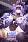  1girl arms_behind_back bangs black_legwear breasts cleavage darklux flower halterneck headgear large_breasts league_of_legends leotard lips navel parted_bangs purple_hair rose see-through skindentation solo spread_legs syndra thick_thighs thigh_strap thighhighs thighs 