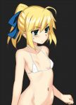 1girl ahoge artoria_pendragon_(all) bikini black_background blonde_hair blue_bow blush bow breasts closed_mouth fate/stay_night fate_(series) green_eyes hair_bow namonashi navel ponytail saber simple_background small_breasts solo sweatdrop swimsuit white_bikini 