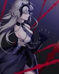  1girl armor armored_dress back bangs bare_back black_dress black_gloves breasts chain dress elbow_gloves eyebrows_behind_hair eyebrows_visible_through_hair fate/grand_order fate_(series) from_side gloves headpiece highres jeanne_d&#039;arc_(alter)_(fate) jeanne_d&#039;arc_(fate)_(all) long_hair looking_at_viewer mohazzing open_mouth silver_hair smile solo teeth 