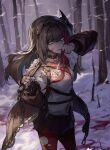  1girl absurdres animal_ears arknights axe bare_tree bear_ears blood blue_eyes brown_collar brown_hair brown_jacket brown_skirt chinese_commentary collar cowboy_shot forest fur-trimmed_hood fur_trim hand_up highres holding holding_axe hood jacket looking_at_viewer multicolored_hair nature open_clothes open_jacket pantyhose pleated_skirt qingfeng_canying red_hair red_legwear red_neckwear school_uniform shirt skirt snow solo streaked_hair torn_clothes torn_legwear torn_shirt torn_skirt tree weapon_behind_back white_shirt zima_(arknights) 