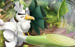  bird bright_pupils closed_mouth commentary_request day gen_8_pokemon grass hakuginnosora highres holding leaf leaves_in_wind no_humans outdoors pokemon pokemon_(creature) shield sirfetch&#039;d solo spring_onion standing tree white_pupils yellow_eyes 