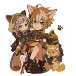  1boy 1girl :3 ahoge animal_ears animal_hood armor bangs black_footwear blue_eyes carrying dog fox_ears genshin_impact gorou_(genshin_impact) hair_between_eyes hood hood_up iwashi_(iwashi008) japanese_clothes leaf leaf_on_head light_brown_hair multicolored_hair paw_print pom_pom_(clothes) purple_eyes purple_hair sayu_(genshin_impact) shiba_inu short_hair simple_background streaked_hair toeless_footwear white_background white_hair 