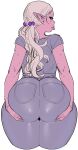  1girl alternate_costume alternate_hairstyle ass ass_grab ass_support dark-skinned_female dark_elf dark_skin denim elf elf-san_wa_yaserarenai. eyebrows grabbing_own_ass grey_shirt highres huge_ass jeans kuroeda-san long_hair looking_back mole mole_under_eye pants pocket pointy_ears shade shirt silver_hair sketch synecdoche thick_thighs thighs tongue tongue_out twintails white_background 