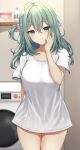  1girl ahoge aqua_eyes arm_behind_back bangs blush breasts closed_mouth collared_shirt cowboy_shot eyebrows_visible_through_hair green_hair hand_up highres indoors long_hair looking_at_viewer medium_breasts no_pants one_side_up riddle_joker ryakusun shikibu_mayu shirt short_sleeves smile solo thighs washing_machine white_shirt 