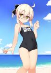  1girl absurdres ahoge arm_at_side artoria_pendragon_(all) beach black-framed_eyewear black_bow black_swimsuit blue_sky bow closed_mouth covered_navel day fate/grand_order fate_(series) fingernails flat_chest glasses hair_bow hands_up highres horizon looking_at_viewer mysterious_heroine_x_(alter)_(fate) name_tag namonashi one-piece_swimsuit outdoors pale_skin ponytail sand school_swimsuit sky solo standing swimsuit white_hair yellow_eyes 