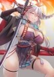  1girl absurdres antenna_hair arm_guards asymmetrical_horns azur_lane black_gloves blurry blurry_background breasts choker cleavage dress earrings gloves grin hair_between_eyes hakuryuu_(azur_lane) highres holding holding_sword holding_weapon horns huge_filesize japanese_clothes jewelry large_breasts long_hair pelvic_curtain pleated_dress railing rope sash smile sword take_yaki thigh_strap thighs unsheathed weapon white_eyes white_hair world_of_warships 