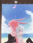  2girls absurdres bangs bare_shoulders beach black_legwear black_shirt bubble_blowing food food_in_mouth hair_between_eyes highres honkai_(series) honkai_impact_3rd indoors long_hair looking_at_viewer multiple_girls navel ocean open_clothes pink_hair pocky purple_hair sand shirt short_sleeves side_ponytail theresa_apocalypse thighhighs white_hair white_shirt wind_chime yae_sakura yu_ningning 