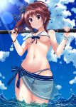  1girl beach bikini blue_bow blue_sky blush bow breasts brown_hair cloud day hair_bow hanabi_ichijou helvetica_std highres holding holding_polearm holding_weapon medium_breasts mole mole_on_breast navel ocean partially_submerged patreon_username polearm purple_eyes sarong scarlet_nexus short_ponytail side_ponytail sky smile solo sunlight swimsuit weapon white_bikini wristband 