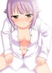  1girl :3 blush brown_eyes eyebrows_visible_through_hair female_pubic_hair idolmaster idolmaster_cinderella_girls koshimizu_sachiko looking_at_viewer naked_shirt navel open_clothes open_shirt pink_hair pubic_hair pubic_hair_peek sakaki_imasato shirt short_hair sitting smug 