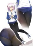  1girl :d ass black_legwear blue_buruma blue_jacket breasts buruma cameltoe eyebrows_visible_through_hair fate/grand_order fate_(series) glasses hair_over_one_eye holding jacket knees_together_feet_apart long_sleeves looking_at_viewer mash_kyrielight medium_breasts multiple_views namonashi one_eye_covered open_mouth pantyhose pantyhose_under_buruma pink_hair purple_eyes shirt shoes simple_background smile thermos thigh_gap white_background white_shirt 