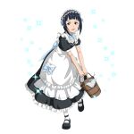  1girl :d apron aqua_eyes back_bow bangs black_footwear black_hair black_skirt black_sleeves blue_bow blue_neckwear blue_ribbon blunt_bangs bow bucket dress_shirt frilled_skirt frills full_body hair_ribbon highres holding holding_bucket leaning_forward long_skirt looking_at_viewer maid maid_headdress mary_janes mole mole_under_eye official_art open_mouth ribbon sachi_(sao) shiny shiny_hair shirt shoes short_hair short_sleeves skirt smile solo standing standing_on_one_leg sword_art_online transparent_background waist_apron white_apron white_legwear white_shirt 