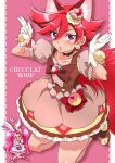  &gt;_&lt; 2girls :d alternate_color animal_ears bubble_skirt bunny_ears chibi commentary_request cosplay cure_chocolat cure_whip cure_whip_(cosplay) dog_ears dog_tail food-themed_hair_ornament gloves hair_between_eyes hair_ornament hand_up heart highres kenjou_akira kirakira_precure_a_la_mode looking_at_viewer magical_girl multiple_girls mutyakai open_mouth pink_background precure red_eyes red_hair short_hair skirt smile tail usami_ichika white_gloves 