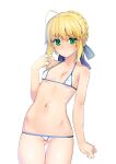  1girl ahoge artoria_pendragon_(all) ass_visible_through_thighs bikini blonde_hair blue_ribbon blush braid braided_bun breasts cameltoe closed_mouth covered_nipples cowboy_shot eyebrows_visible_through_hair fate/stay_night fate_(series) green_eyes hair_ribbon hand_up looking_at_viewer lowleg lowleg_bikini micro_bikini namonashi navel ribbon saber small_breasts solo standing swimsuit 