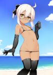  1girl absurdres ahoge arm_at_side artoria_pendragon_(all) beach bikini black-framed_eyewear black_bikini black_bow black_gloves black_legwear blue_sky bow closed_mouth day elbow_gloves fate/grand_order fate_(series) fingernails flat_chest glasses gloves hair_bow hands_up highres horizon looking_at_viewer lowleg lowleg_bikini micro_bikini mysterious_heroine_x_(alter)_(fate) namonashi navel outdoors ponytail sand sky solo standing swimsuit thighhighs white_hair yellow_eyes 