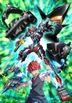  1boy black_vest blue_eyes clenched_hand collared_shirt drill flying gridman_(ssss) gridman_universe hibiki_yuuta highres holding holding_sword holding_weapon looking_ahead looking_at_viewer looking_up mecha mutaguchi_hiroki open_hand red_hair science_fiction shirt ssss.gridman super_robot_wars super_robot_wars_30 sword vest visor weapon white_shirt yellow_eyes 