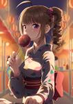  1boy 1girl ahoge blurry blurry_background brown_hair candy_apple drill_hair earrings eating eyebrows_visible_through_hair festival flower food hair_flower hair_ornament holding holding_food idolmaster idolmaster_million_live! idolmaster_million_live!_theater_days japanese_clothes jewelry kamille_(vcx68) kimono looking_at_viewer obi outdoors pov purple_eyes sash side_ponytail sleeve_tug stud_earrings yokoyama_nao yukata 