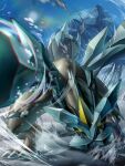  8686island blurry chromatic_aberration claws commentary_request day fog gen_5_pokemon glowing glowing_eyes highres kyurem legendary_pokemon light_trail mountain no_humans outdoors pokemon pokemon_(creature) solo standing yellow_eyes 